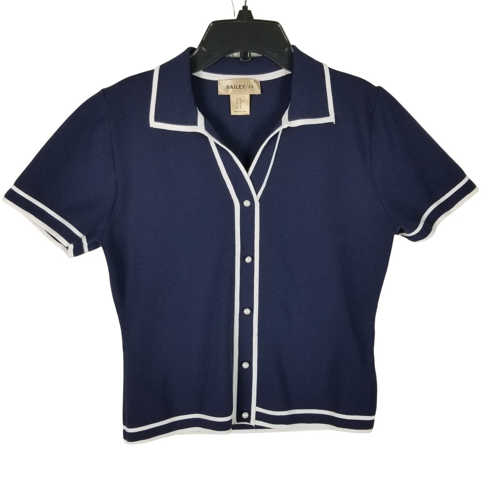 Bailey/44 Knit Polo Top Women Size M Navy Blue Pearl Button Contrast Trim 158s